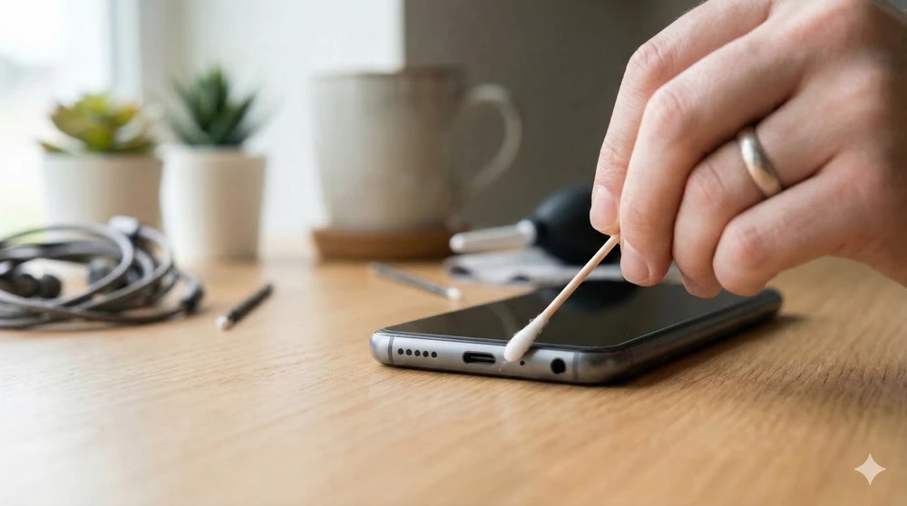 Sử dụng tăm bông hoặc bàn chải sợi nhỏ để vệ sinh cổng loa trên smartphone. Ảnh minh họa: AI