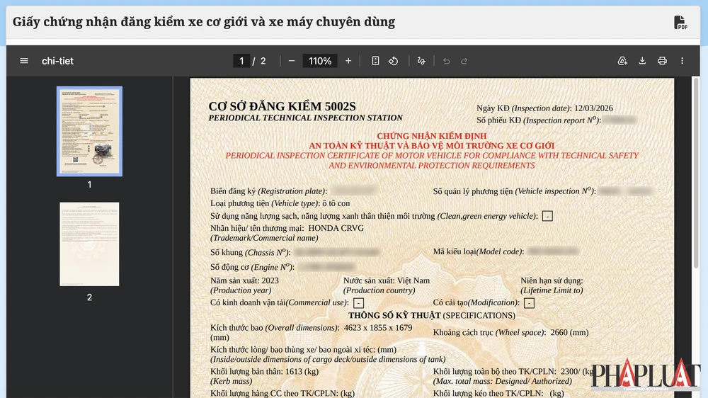 Thông tin giấy đăng kiểm điện tử 2026. Ảnh: TIỂU MINH