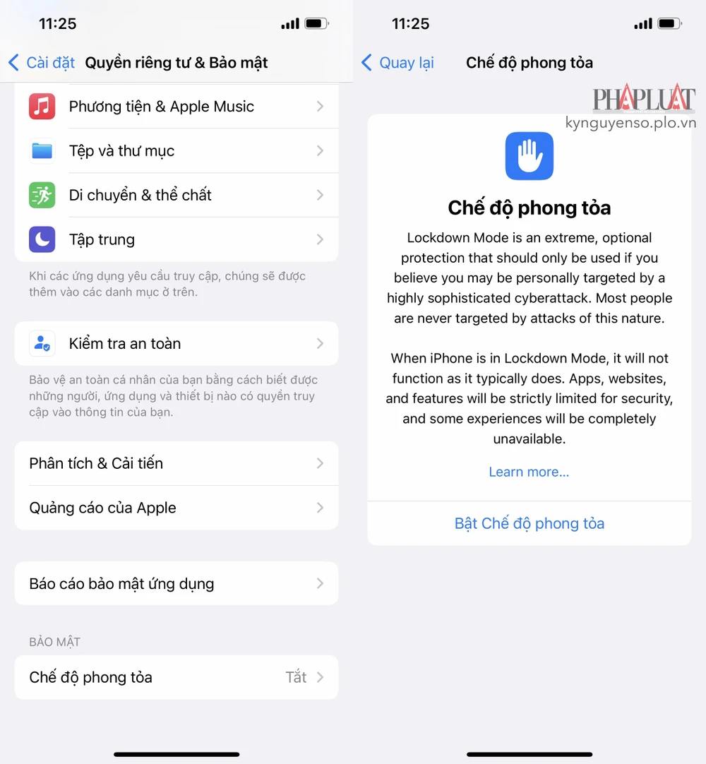 Lockdown mode (chế độ phong tỏa) giúp bảo vệ iPhone nhưng cũng mang đến một số hạn chế. Ảnh: TIỂU MINH