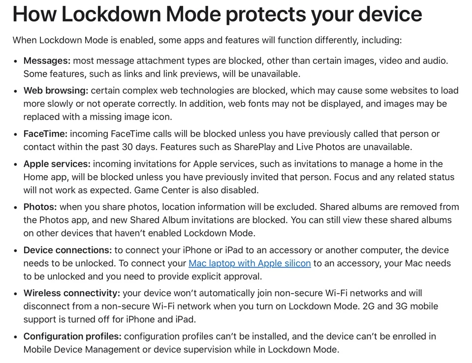 Một số hạn chế khi kích hoạt Lockdown mode (chế độ phong tỏa). Ảnh: Apple