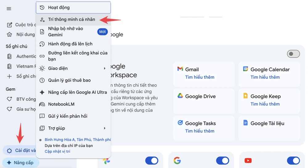 Cách bật tính năng Trí thông minh cá nhân trên Google Gemini. Ảnh: TIỂU MINH
