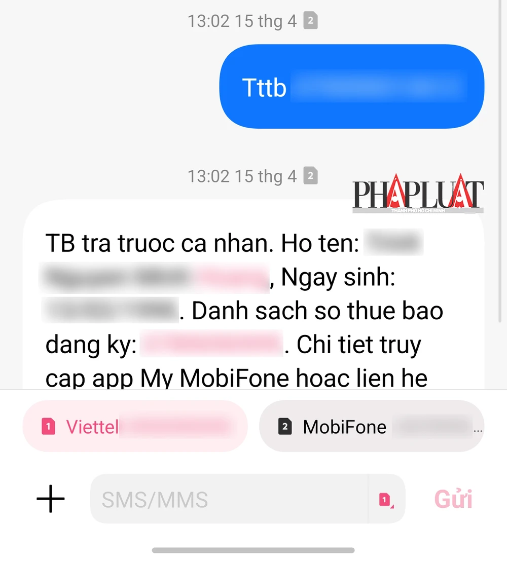 Cách kiểm tra căn cước của bạn có bị dùng để đăng ký số điện thoại lạ hay không Soạn tin nhắn theo cú pháp TTTB <số căn cước> gửi 1414 (miễn phí). Chờ một lát, hệ thống sẽ trả thông tin về các số điện thoại đã đăng ký bằng số căn cước của bạn. Nếu phát hiện số lạ mà bạn không sử dụng, cần liên hệ ngay với nhà mạng để hủy số. Cách kiểm tra thông tin thuê bao được đăng ký bằng thẻ căn cước. Ảnh: MINH HOÀNG