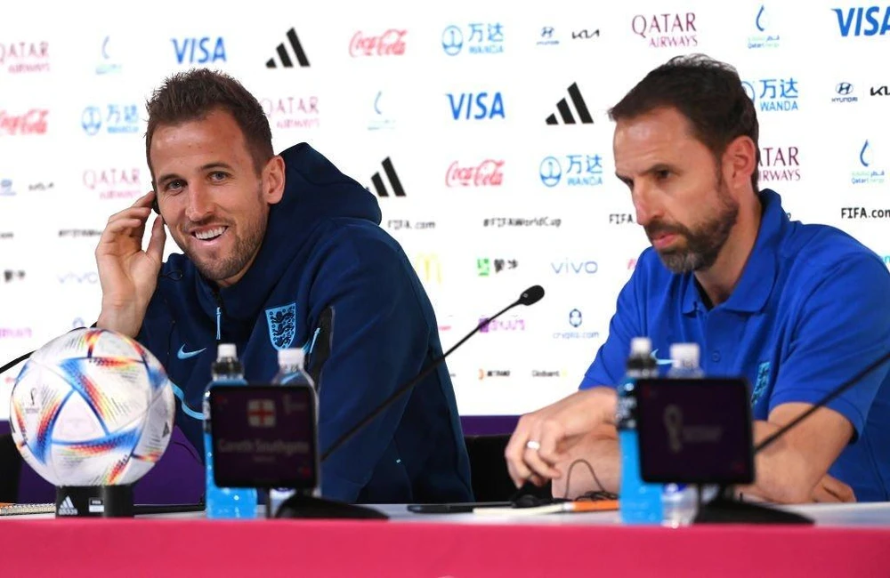 Harry Kane và HLV Southgate tại buổi họp báo trước trận. Ảnh: GETTY