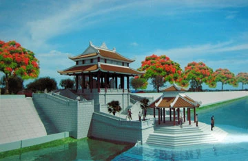 Mô hình nhà tưởng niệm và bến thả hoa phía bờ bắc sông Thạch Hãn.