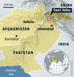 Thung lũng Swat (Swat Valley trong bản đồ) chỉ cách thủ đô Pakistan 130 km.