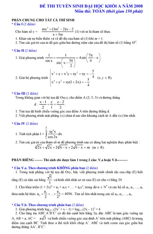 Gợi ý giải đề thi môn Toán, khối A năm 2008 ảnh 1