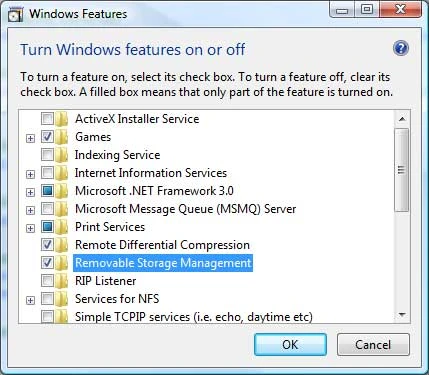 Hình D: Tích vào hộp kiểm Removable Storage Management trong hộp thoại Windows Features Hình D: Tích vào hộp kiểm Removable Storage Management trong hộp thoại Windows Features
