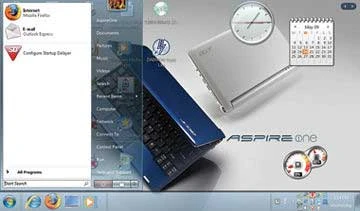 Windows XP trên một netbook được cài đặt Seven Transformation Pack, có giao diện trông như Windows 7