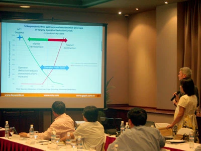 Đại diện công ty truyền thông GAPIT dẫn chứng tại buổi toạ đàm 3G về kinh nghiệm phát triển nội dung số của NTT DoCoMo tại Nhật Bản, cùng đề xuất tỉ lệ phân chia lợi nhuận ở mức Telco thu về trong khoảng 30-40% cước phí nội dung sẽ vừa giúp công nghiệp nội dung số phát triển, vừa đảm bảo lợi nhuận cho Telco. Ảnh: B.M.