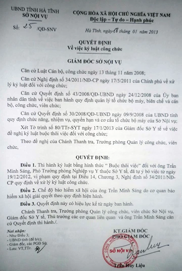 Tự ý bỏ việc, một Phó phòng Nghiệp vụ Sở Y tế bị buộc thôi việc ảnh 1