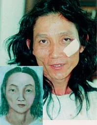 Chân dung thật của Phó Văn Chính và chân dung đối tượng (ảnh nhỏ) do họa sĩ Võ Tấn Thành vẽ theo mô tả của nạn nhân.