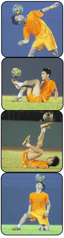 Sinh viên Đào Nguyên Đức tâng bóng biểu diễn bằng đủ mọi bộ phận trong thời gian dài không rớt. Ảnh: XUÂN HUY