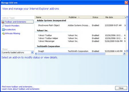 Cửa sổ Manage Add-ons cho phép bạn quản lý dễ dàng các addon