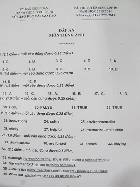 Đáp án chính thức đề thi tuyển sinh lớp 10 TP.HCM ảnh 1