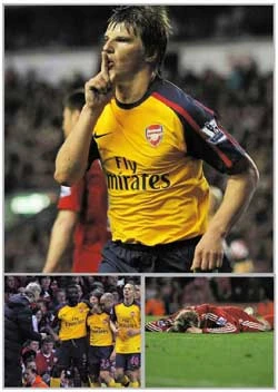 Arshavin bốn lần làm các cổ động viên sân Anfield im tiếng trong sự khen ngợi của thầy Wenger để lại nỗi đau của cầu thủ Liverpool. Ảnh: FA