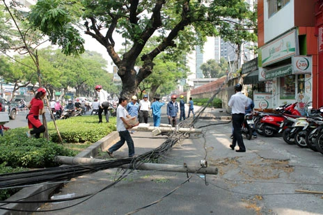 Xe cẩu vướng dây cáp, 3 trụ điện bị “hạ” ảnh 1