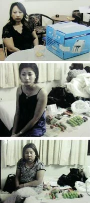 Chu Hoàng Mai, Lâm Mộng Chinh, Trang Bích Phượng và tang vật.