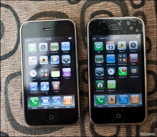 iPhone trái - thật, phải - giả, phân biệt dựa trên font chữ sắc nét trên màn hình. Ảnh: tinhte.