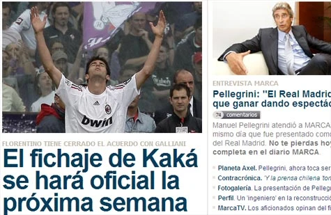 Thông tin Kaka đến Real Madrid được đăng trên trang nhất tờ Marca, một tờ báo nổi tiếng ở Tây Ban Nha (Ảnh: Marca).