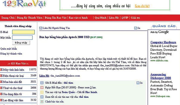 Một số lời rao bán học bổng trên các trang web rao vặt. Ảnh: Vĩnh Huy