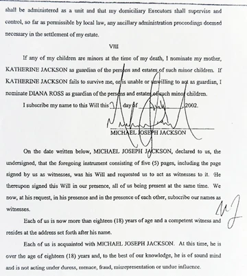 Một trang di chúc có chữ ký của Michael Jackson.