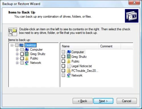Hình E: Backup Utility của Windows XP đang chạy trên hệ thống Vista, bạn có thể chọn ra file và thư mục nào mà bạn muốn backup. Hình E: Backup Utility của Windows XP đang chạy trên hệ thống Vista, bạn có thể chọn ra file và thư mục nào mà bạn muốn backup.
