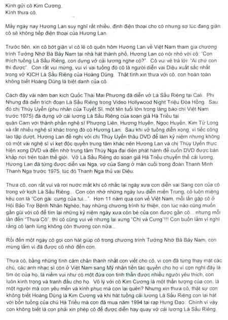 Thư của Hương Lan xin lỗi NSƯT Kim Cương ảnh 1 Thư của Hương Lan xin lỗi NSƯT Kim Cương ảnh 1