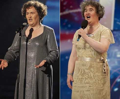 Susan bị chê trong lần đầu xuất hiện trong cuộc thi tài năng với chiếc váy vàng. Cô trở nên thanh nhã hơn trong đêm chung kết (trái). Ảnh: Ken McKay/ Rex Features.