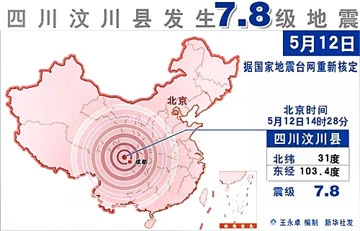 Tâm chấn tại huyện Vấn Xuyên (tỉnh Tứ Xuyên).