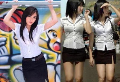 Về cơ bản, đồng phục cho nữ sinh Thái không có xu hướng "gợi cảm". Nhưng nhiều bạn gái đã chỉnh sửa lại áo và váy đồng phục để có thể bó sát vào người và ngắn hết cỡ để tôn dáng (Ảnh: Designer Clothings)