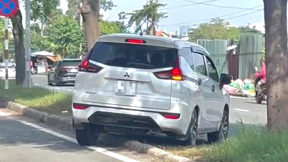 Để né tránh kẹt xe trên đường Nguyễn Văn Linh, tài xế ô tô đã leo lên dải phân cách có hàng cây để chuyển làn.