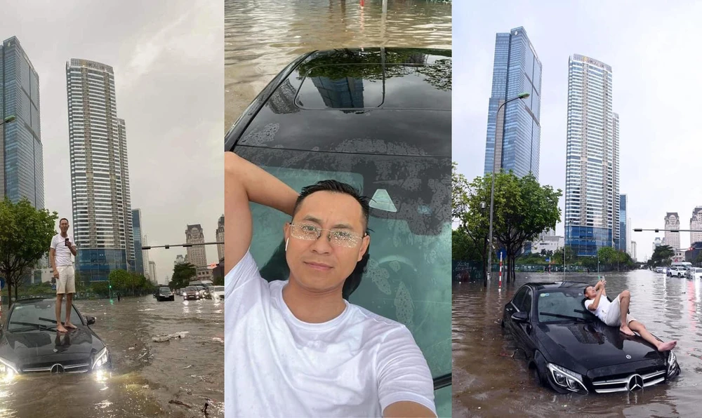 Hình ảnh anh Minh chụp ảnh cùng xế hộp trong dòng nước ngập sâu. Ảnh MXH