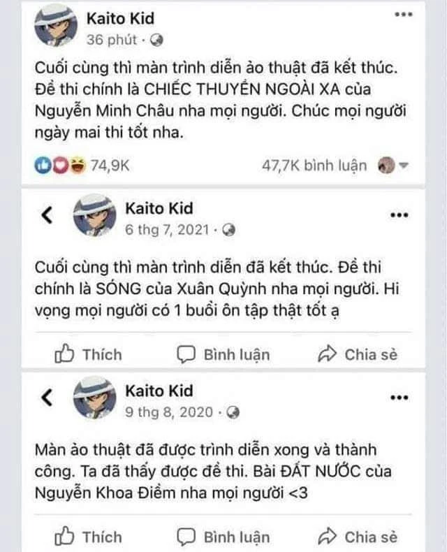 Đây là năm thứ 3 liên tiếp “Kaito Kid” dự đoán trúng đề thi. Ảnh chụp từ màn hình Đây là năm thứ 3 liên tiếp “Kaito Kid” dự đoán trúng đề thi. Ảnh chụp từ màn hình