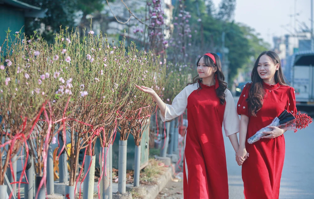 Với sắc đẹp của hoa đào, bạn Hoàng Lê Thảo Vy (sinh viên năm 4, Trường Đại học Kinh tế, ĐHQGHN) và bạn Phạm Nguyễn Anh Thư (sinh viên năm 3, Trường Đại học Giao thông Vận tải) đã đến chợ hoa để được chụp ảnh cùng nhau tại các cành đào nở sớm.