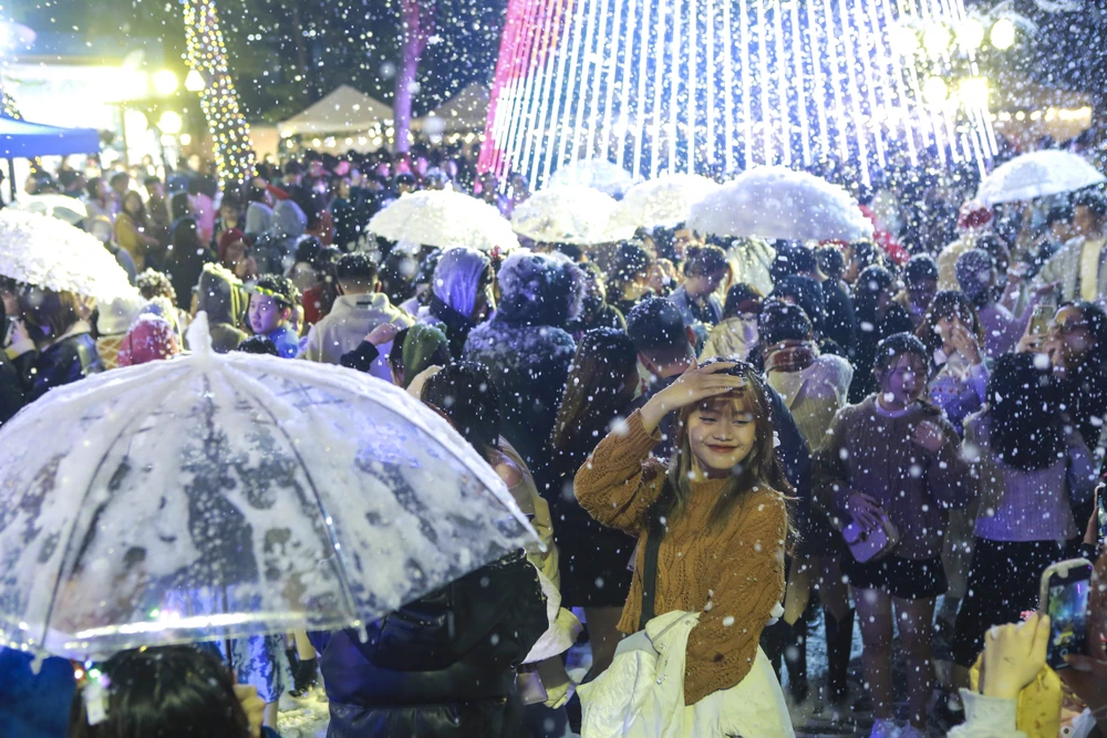 Màn mưa tuyết rơi này được tạo ra từ bọt tuyết nhân tạo của các sinh viên trường dùng để trang trí Giáng sinh chứ không phải tuyết.