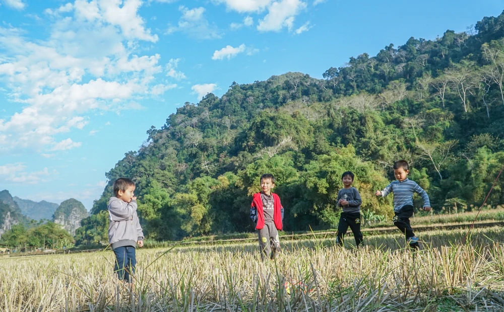 Những đứa trẻ thơ hồn nhiên nô đùa trên cánh đồng đã thu hoạch lúa gần hồ Ba Bể.