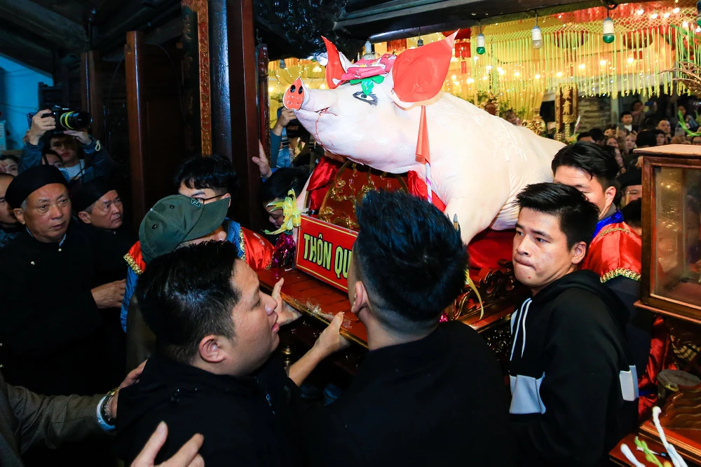 Ông Nguyễn Phan Đích, Trưởng ban Khánh tiết Lễ hội xã La Phù cho biết: Ngày trước 6 giáp thì có 6 lễ, hiện tại sau cải cách ruộng đất, xã La Phù có khoảng 10 thôn thì dâng 10 lễ, các ông lợn lúc đó nặng 60 kg đến 70 kg.