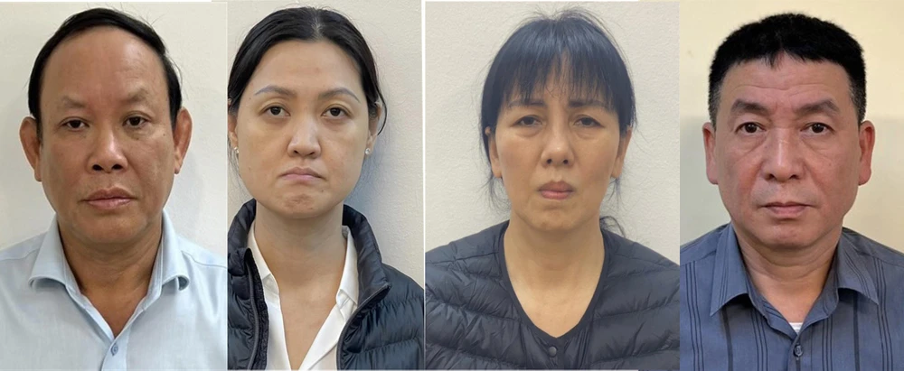 Các bị can từ trái qua phải gồm: Nguyễn Đức Thái, Tô Mỹ Ngọc, Nguyễn Thị Thanh Thủy, Đinh Quốc Khánh. Ảnh CACC Các bị can từ trái qua phải gồm: Nguyễn Đức Thái, Tô Mỹ Ngọc, Nguyễn Thị Thanh Thủy, Đinh Quốc Khánh. Ảnh CACC