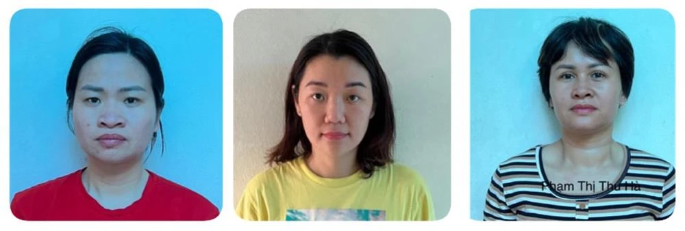 Các bị can (từ trái sang phải): Phạm Thị Quỳnh Như; Nguyễn Thị Kim Dung; Phạm Thị Thu Hà. Ảnh CA