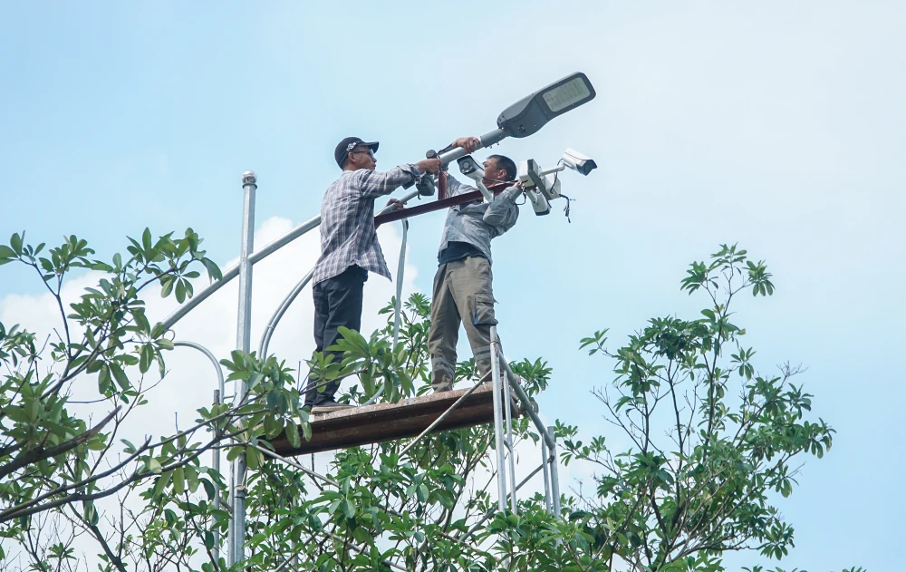 Theo ghi nhận, các công nhân đang tiến hành lắp đặt camera ở khu vực này để trông coi, bảo vệ đàn cá khỏi những người xấu.