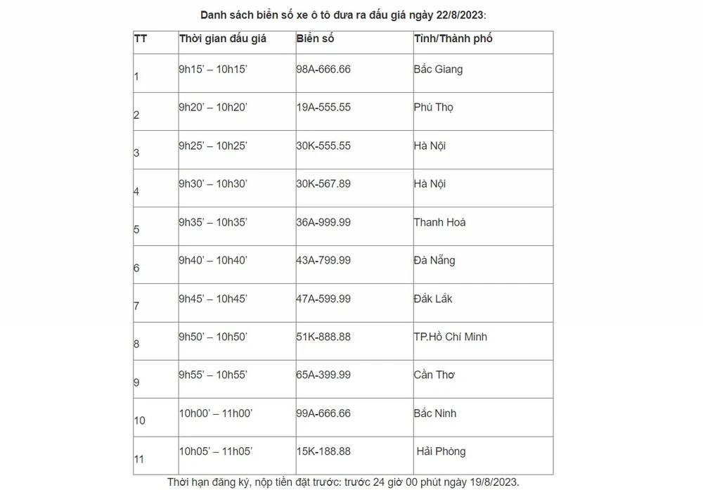 Danh sách biển số xe đấu giá phiên đầu tiên. Ảnh: Chụp màn hình Danh sách biển số xe đấu giá phiên đầu tiên. Ảnh: Chụp màn hình