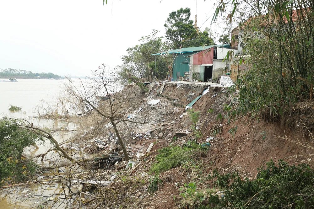 Theo ghi nhận, vị trí sạt lở xảy ra tại thôn 4 xã Kim Lan. Cây cối bị cuốn trôi, một số cây nghiêng ngã, sắp đổ. Khu vực sạt lở ảnh hưởng trực tiếp đến nhiều hộ dân.