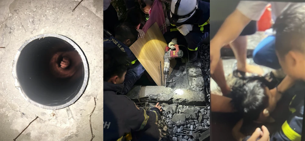 Cháu bé bị kẹt tay trong ống hút nước tại 1 chung cư ở Hà Nội
