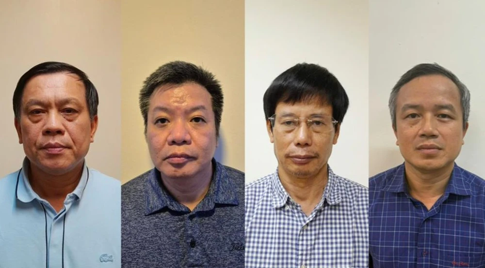 Các bị can từ trái qua: Nguyễn Bá Hoan, Tống Hải Nam, Nguyễn Gia Liêm, Phạm Viết Hương. Ảnh CA