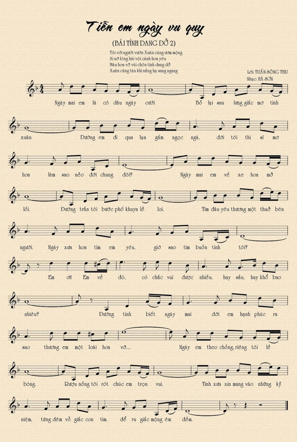 Lời bài hát "Tiễn em ngày vu quy". Ảnh: FB Quang Lê