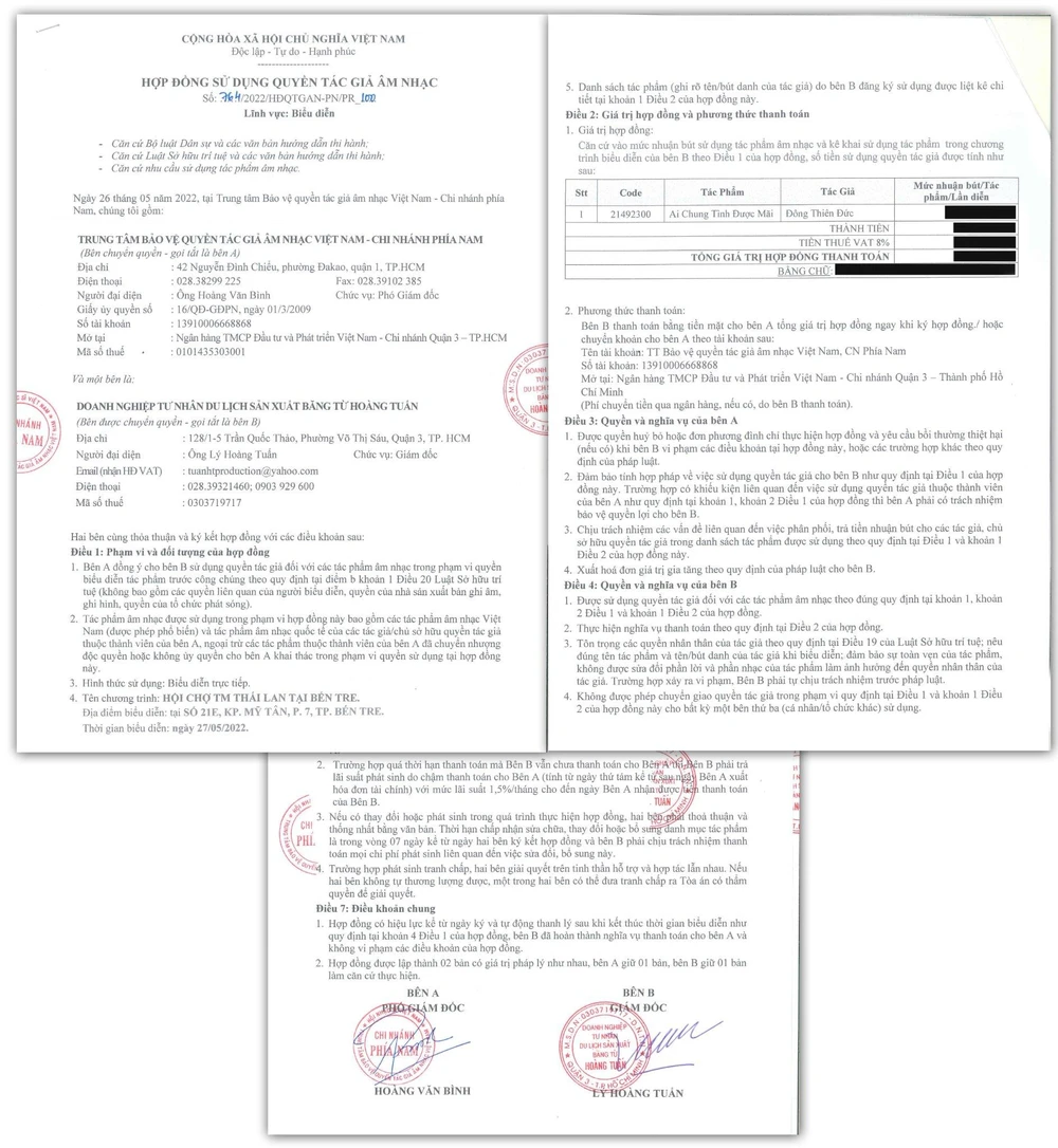 Hợp đồng sử dụng quyền tác giả âm nhạc. Ảnh: FB Đan Trường