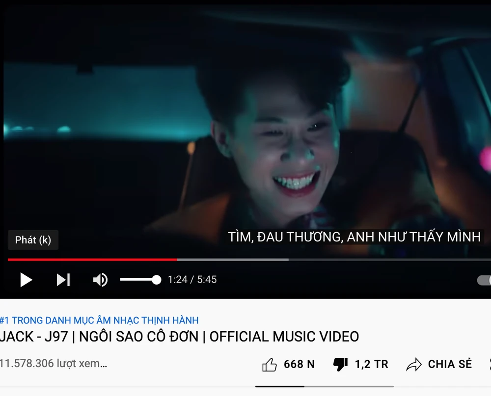 ‘Ngôi sao cô đơn’ của Jack lập kỉ lục …hơn 1 triệu lượt dislike. Ảnh chụp màn hình