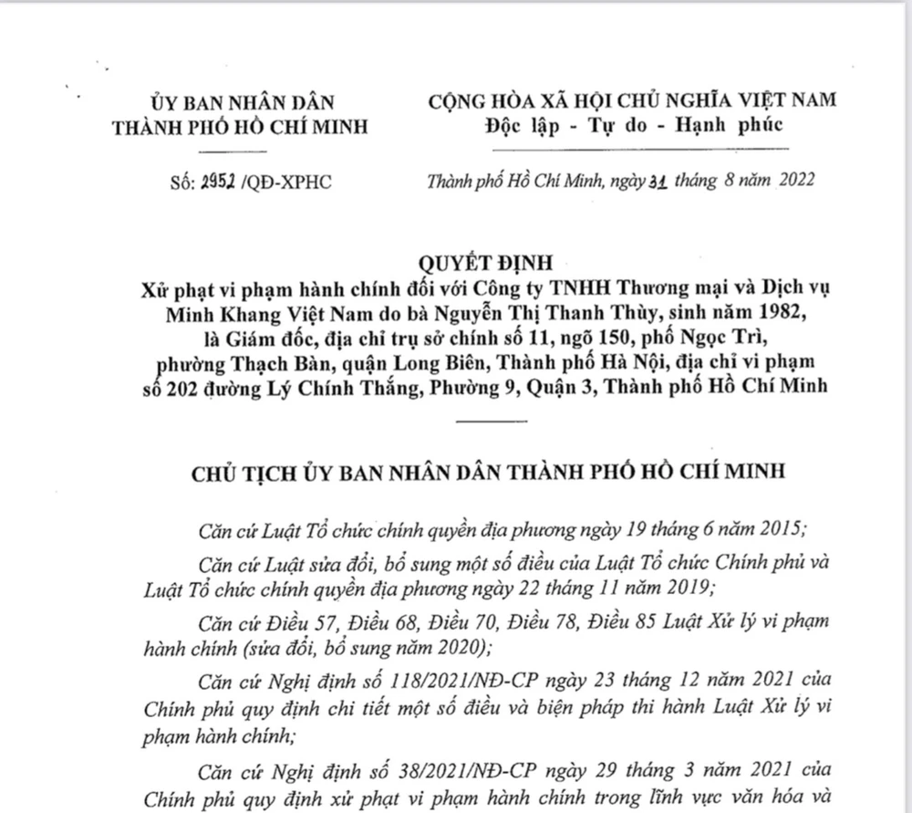 Quyết định xử phạt hành chính với công ty Minh Khang đăng tải trên trang web của Cục nghệ thuật biểu diễn.