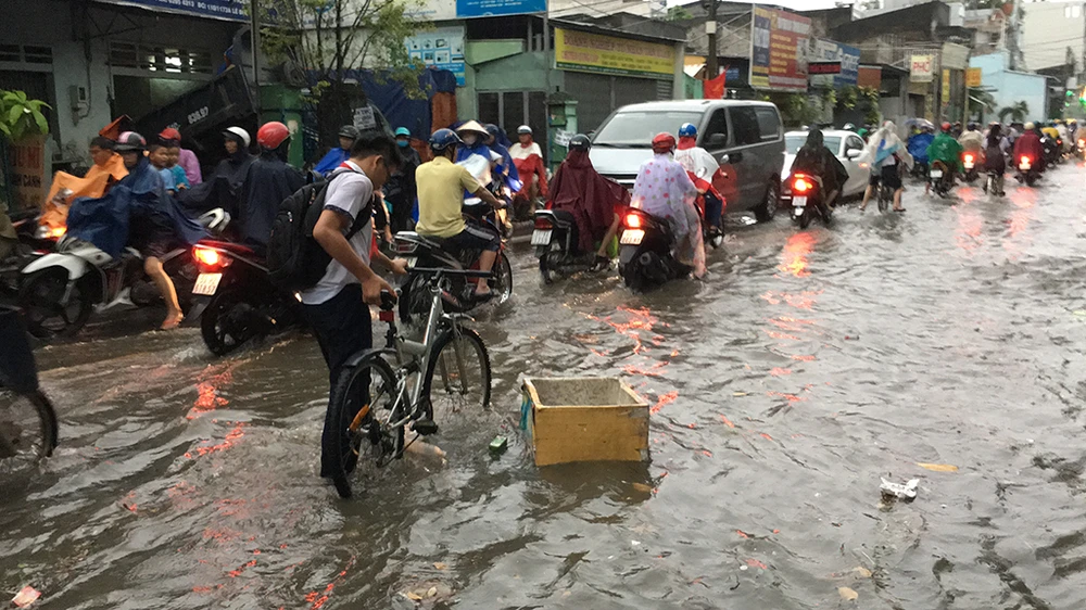 Chùm ảnh đường ngập, học sinh bì bõm về nhà trong mưa ảnh 4