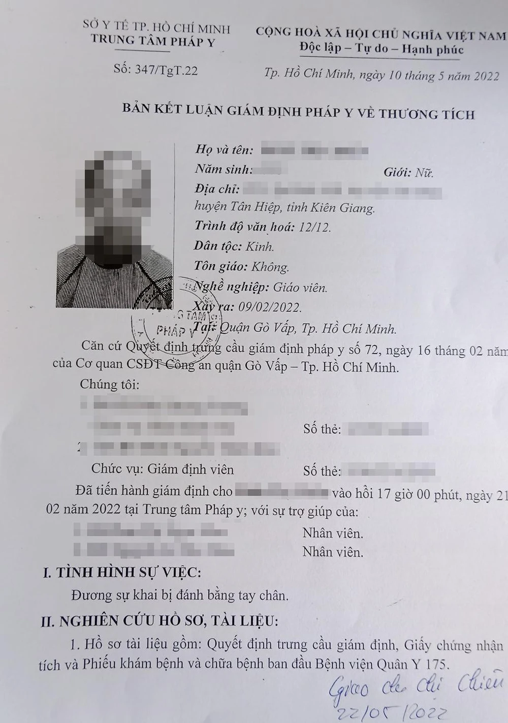 Bản kết luận giám định pháp y về thương tích được gửi của bà Ch. Ảnh: NDCC
